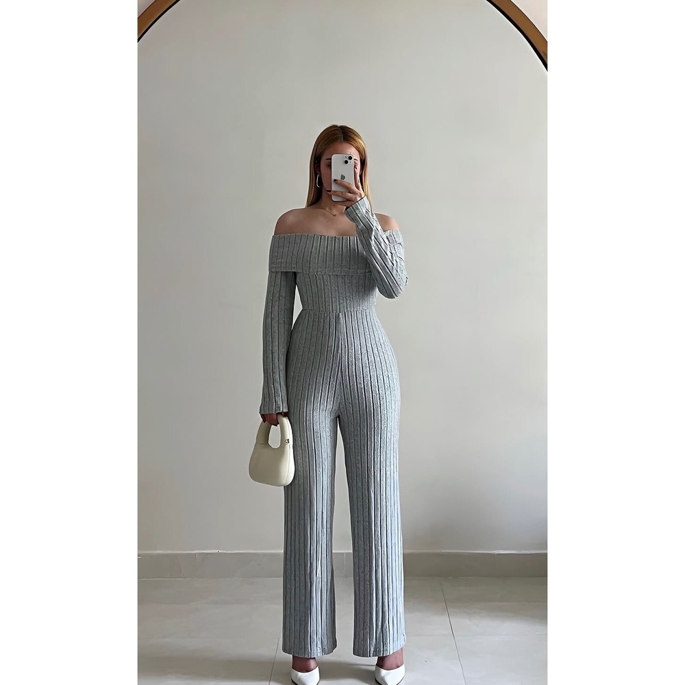 CBR Grey Ribbed Knit Two Piece Set Off Shoulder Top Wide Leg Pants XL DL2582